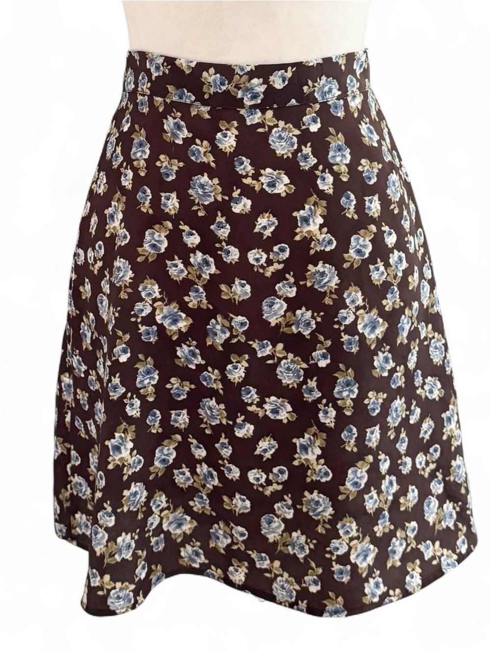 Vintage 35th & 10th Brown & Blue Rose Floral Print Mini Skirt - Size 3